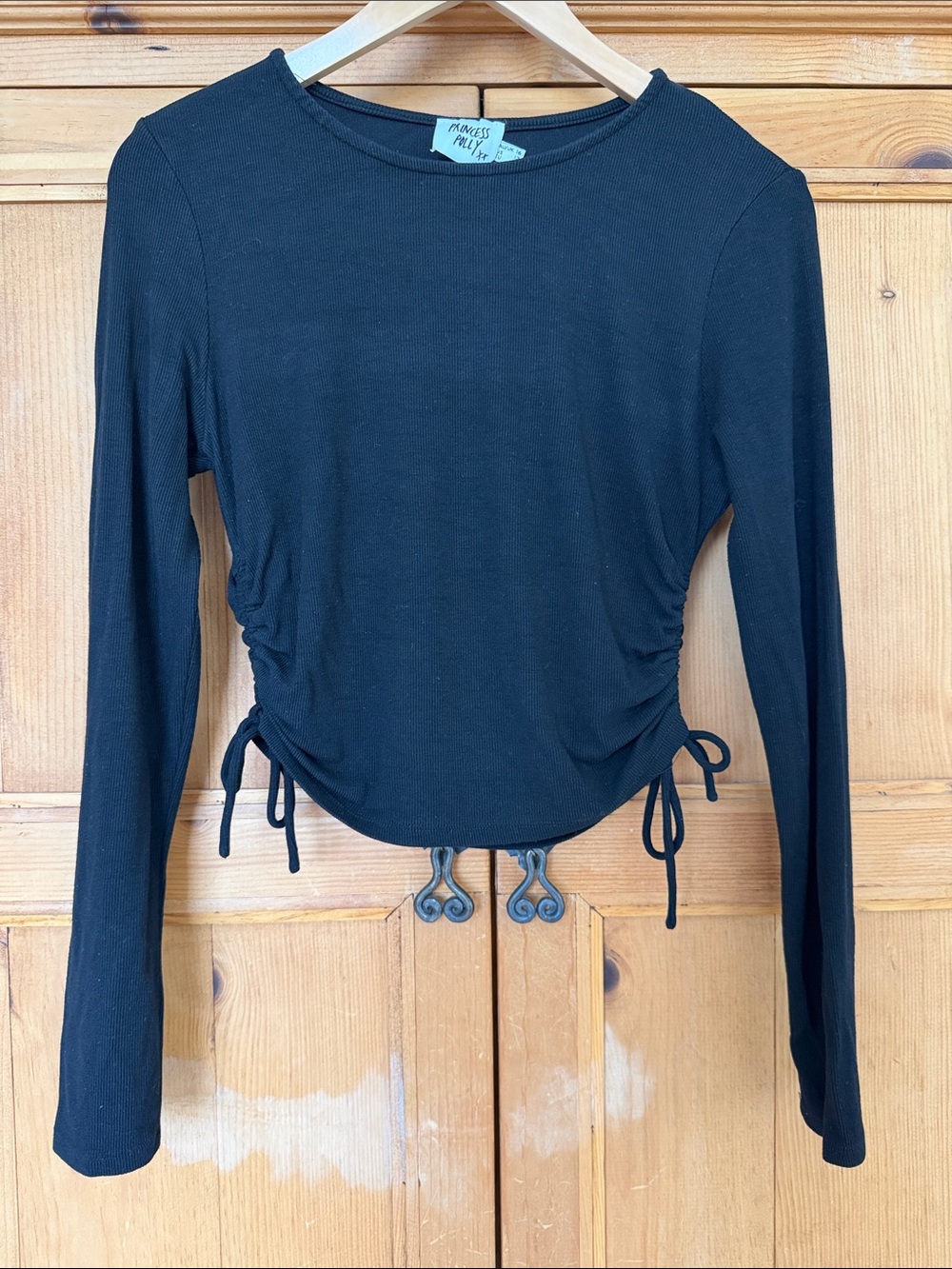 Princess Polly 
Black Long-Sleeve Side-Tie Ribbed Top